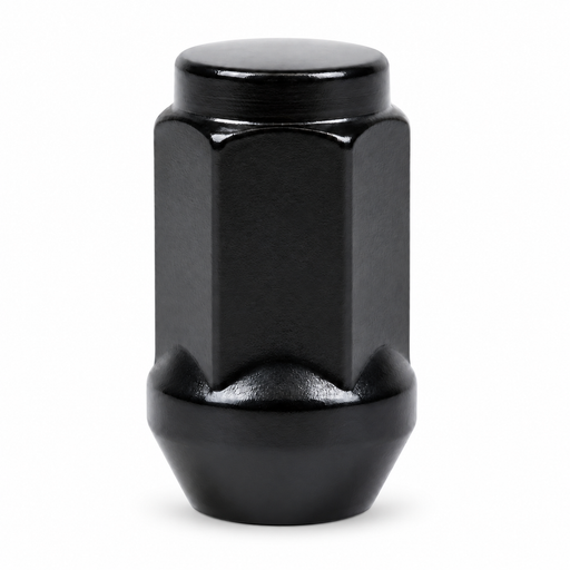 Black M14x1.5 long bulge acorn lug nut with a closed cap, hex body and tapered seat.
