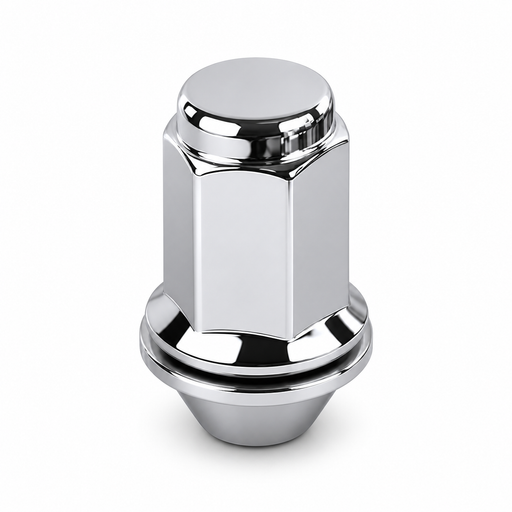 Silver mag lug nut for Toyota alloy wheels on Chevy trucks, with a closed cap, hex body and attached washer.