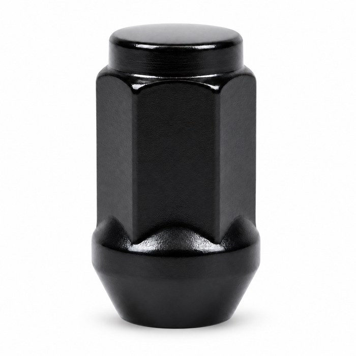 Black 9/16-inch long bulge acorn lug nut, 1.75 inches long, with a closed cap and tapered seat.