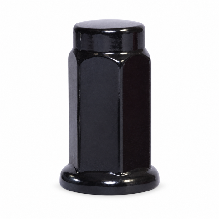 Black M10x1.25 ATV flat-seat lug nut with a closed cap and circular base flange.