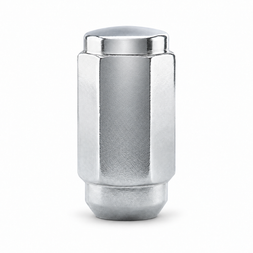 Silver 9/16-inch left-hand duplex acorn lug nut with a low closed cap, hex body and tapered seat.