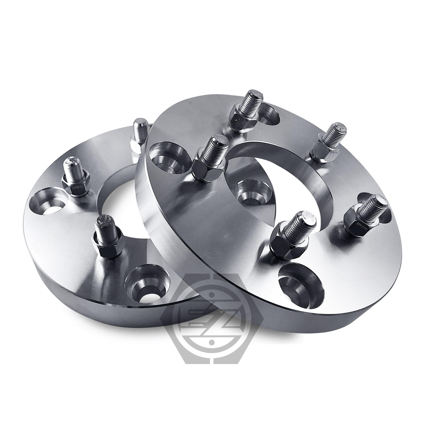 Two billet aluminum Wheel Adapter 4 Lug 156 To 5 Lug 4.5 (Pair) are angled on a white background, with a subtle logo beneath them, ideal for ATV adapters or converting from 4 lug to 5 lug setups.