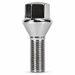 Silver M12x1.5 lug bolt with conical seat, 50 mm shank and hex head.