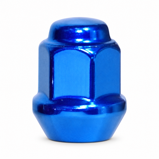 Blue 3/8-24 ATV bulge lug nut with a closed cap and broad tapered seat.