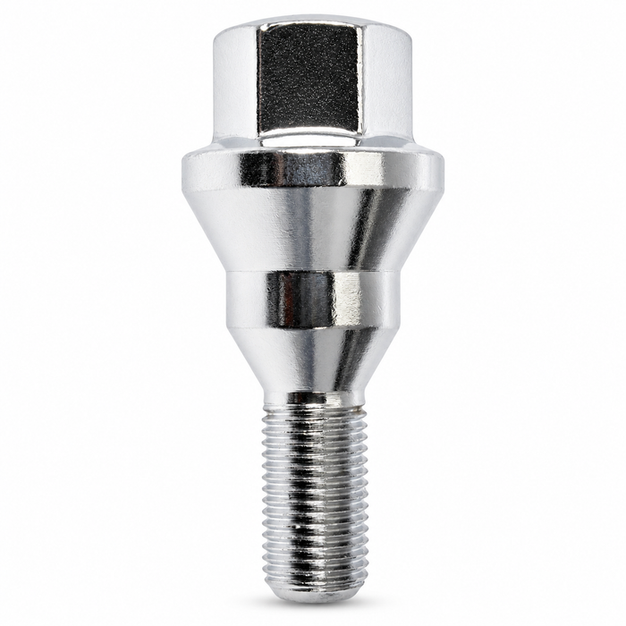 Silver M12x1.25 conical-seat lug bolt for Dodge Dart and Chrysler 200, with a hex head and stepped shoulder.