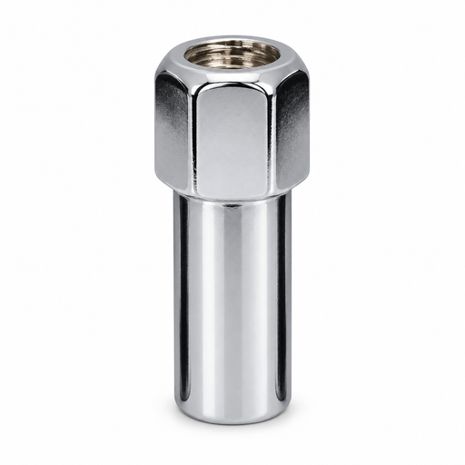 Silver M14x1.5 Cragar SST open-end mag lug nut with a visible threaded opening and cylindrical shank.