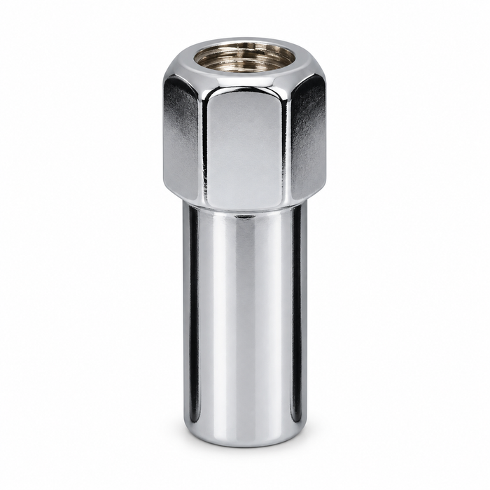 Silver M14x1.5 Cragar SST open-end mag lug nut with a visible threaded opening and cylindrical shank.