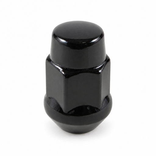 Black 1/2-20 bulge acorn lug nut with a closed rounded cap and tapered base.