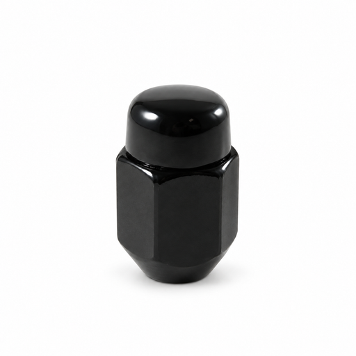Black M12x1.25 acorn lug nut with a closed rounded cap and tapered seat.