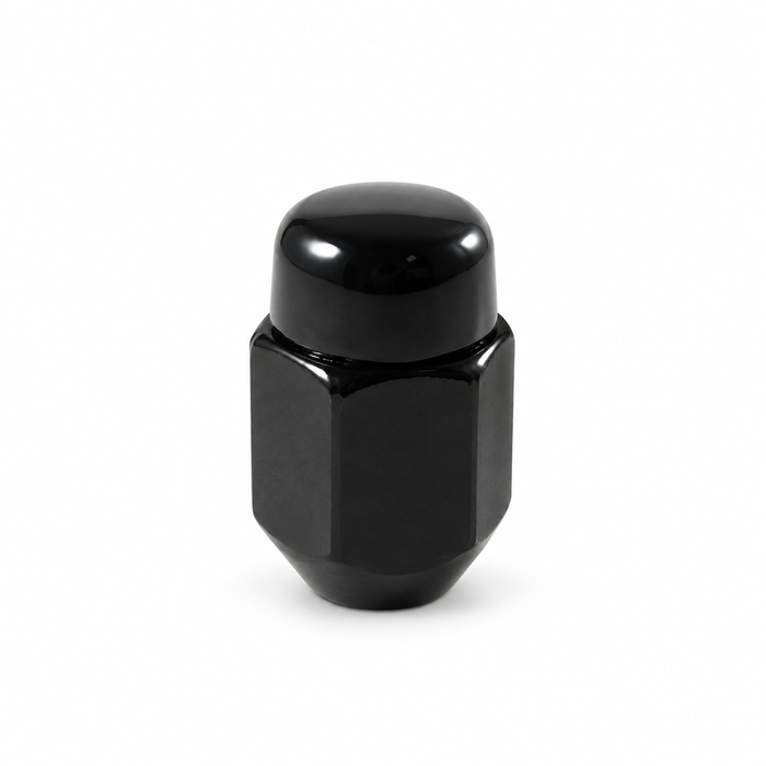 Black M12x1.25 acorn lug nut with a closed rounded cap and tapered seat.