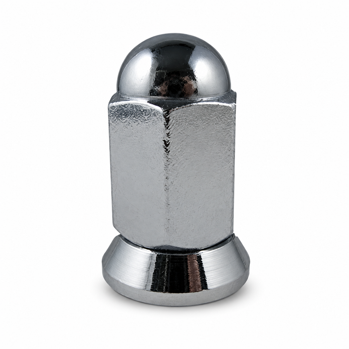 Silver 9/16-inch dualie acorn lug nut with a domed closed top and fitted base washer.
