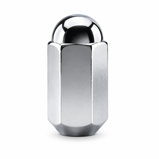 Silver 5/8-inch dualie acorn lug nut with a rounded closed cap and tapered seat.