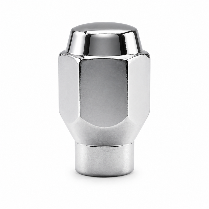 Silver 1/2-20 ET conical lug nut with a closed cap, hex body and cylindrical lower extension.