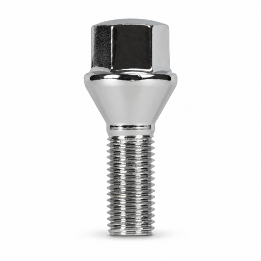Silver M14x1.5 lug bolt with conical seat, 30 mm shank and hex head.
