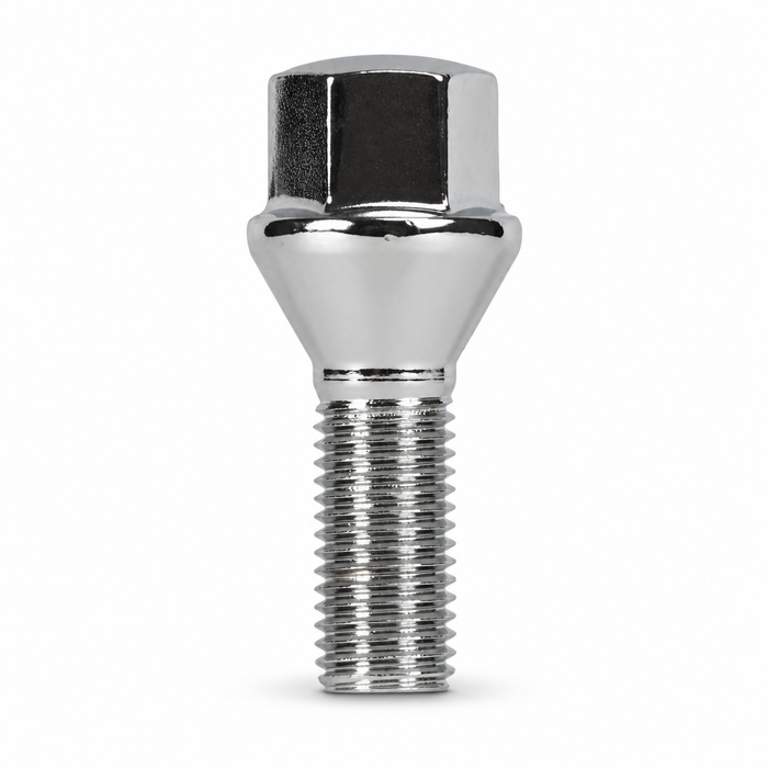 Silver M14x1.5 lug bolt with conical seat, 30 mm shank and hex head.