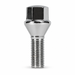 Silver M14x1.5 lug bolt with conical seat, 30 mm shank and hex head.