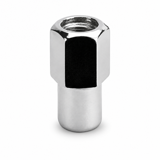 Silver M14x1.5 open-end mag lug nut with visible internal threads and a long cylindrical shank.