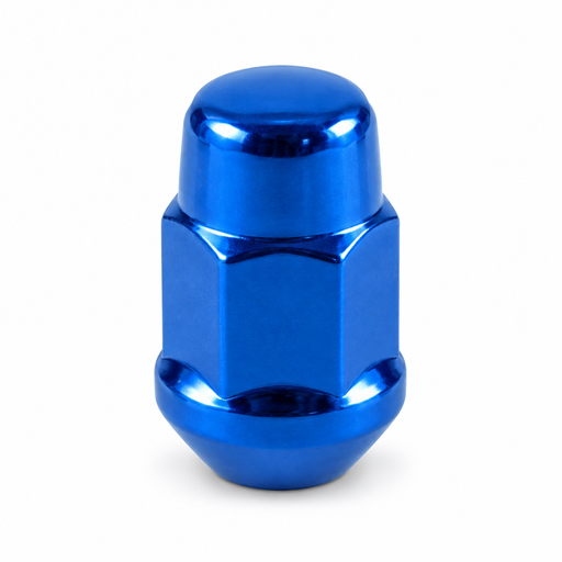 Blue 1/2-20 bulge acorn lug nut with a closed rounded cap and tapered base.