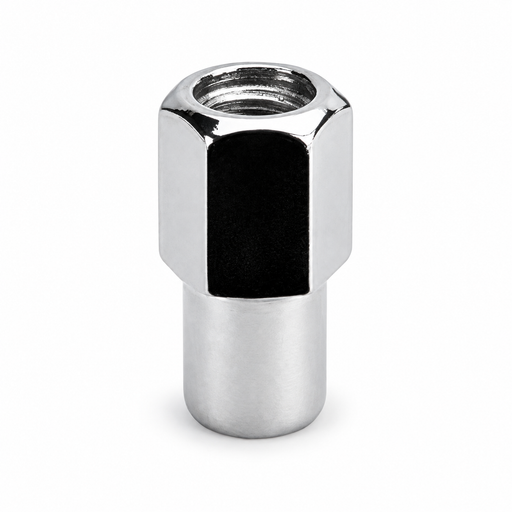 Silver 7/16-20 open-end mag lug nut with visible internal threads and a long cylindrical shank.