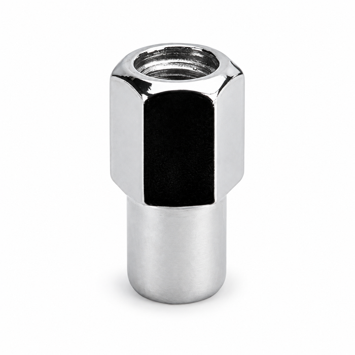 Silver 7/16-20 open-end mag lug nut with visible internal threads and a long cylindrical shank.