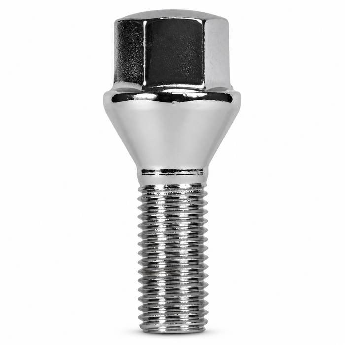 Silver M12x1.25 lug bolt with conical seat, 28 mm shank and 19 mm hex head.