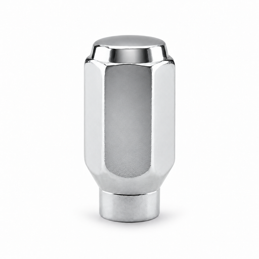Silver M12x1.25 ET conical long lug nut with a closed cap, tall hex body and lower extension.