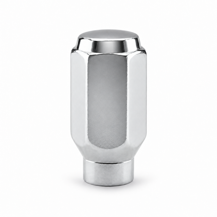 Silver M12x1.75 ET conical long lug nut with a closed cap, tall hex body and lower extension.