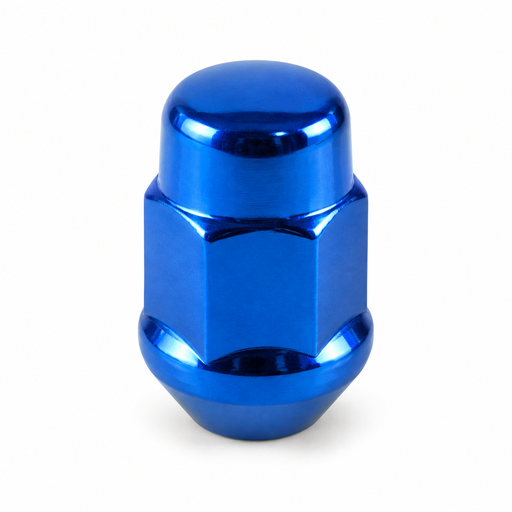 Blue M12x1.5 bulge acorn lug nut with a closed rounded cap and tapered base.