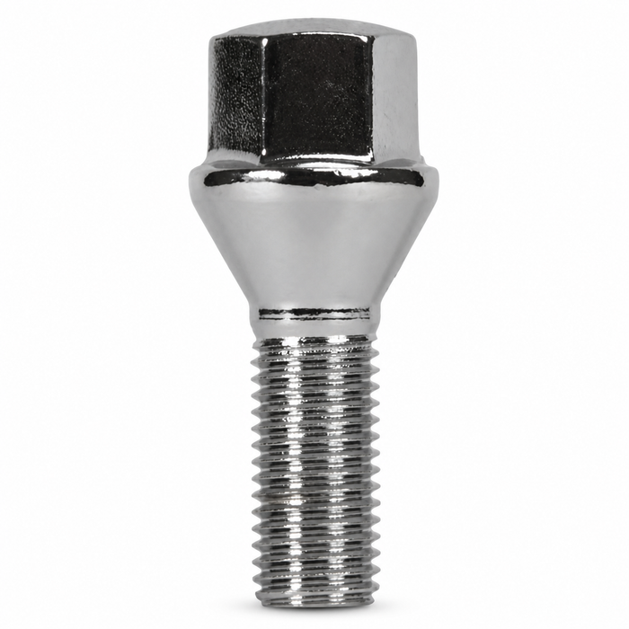 Silver M12x1.25 lug bolt with conical seat, 28 mm shank and hex head.