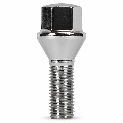 Silver M12x1.5 lug bolt with conical seat, 60 mm shank and hex head.