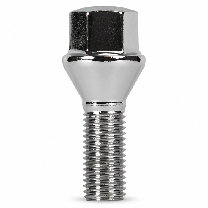 Silver M12x1.5 lug bolt with conical seat, 60 mm shank and hex head.