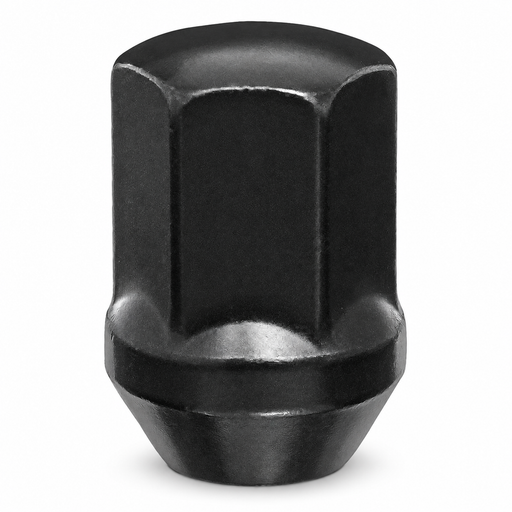 Black 1/2" duplex bulge acorn lug nut with a 7/8" hex, closed cap and broad shoulder.
