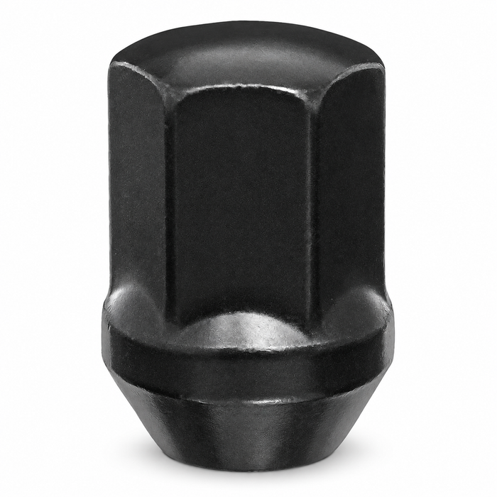 Black 1/2" duplex bulge acorn lug nut with a 7/8" hex, closed cap and broad shoulder.