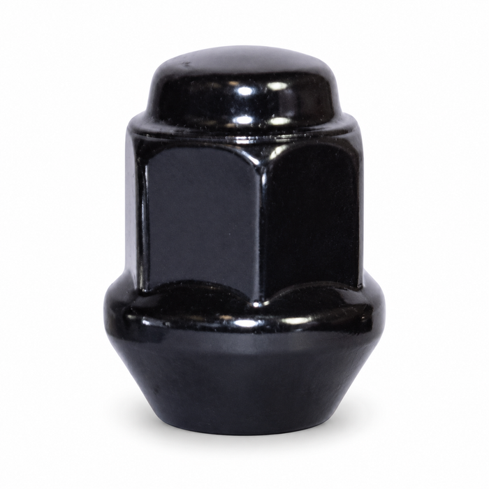 Black M10x1.25 ATV bulge lug nut with a closed cap and broad tapered seat.