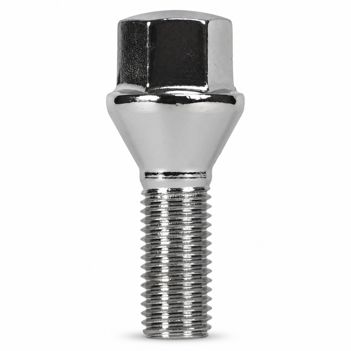Silver M15x1.25 lug bolt with conical seat, 28 mm shank and hex head.