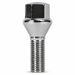 Silver M15x1.25 lug bolt with conical seat, 28 mm shank and hex head.