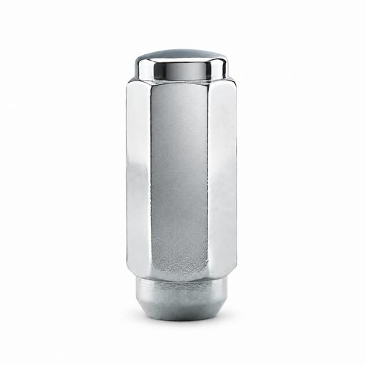 Silver 1/2-inch duplex XL acorn lug nut with an extended hex body, closed cap and tapered seat.