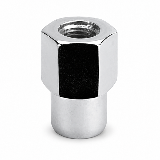 Silver M12x1.5 open-end medium mag lug nut with a hex body, threaded center and cylindrical shank.