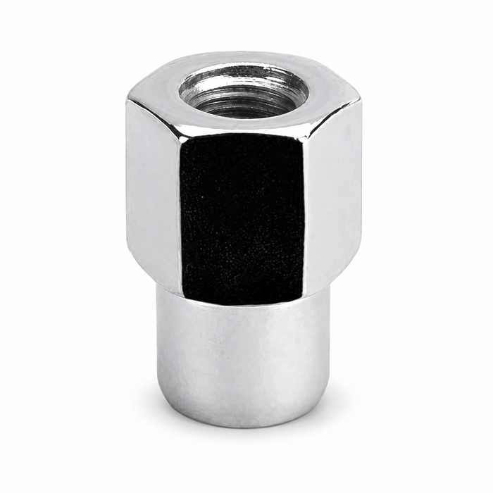 Silver M12x1.5 open-end medium mag lug nut with a hex body, threaded center and cylindrical shank.