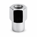 Silver M12x1.5 open-end medium mag lug nut with a hex body, threaded center and cylindrical shank.