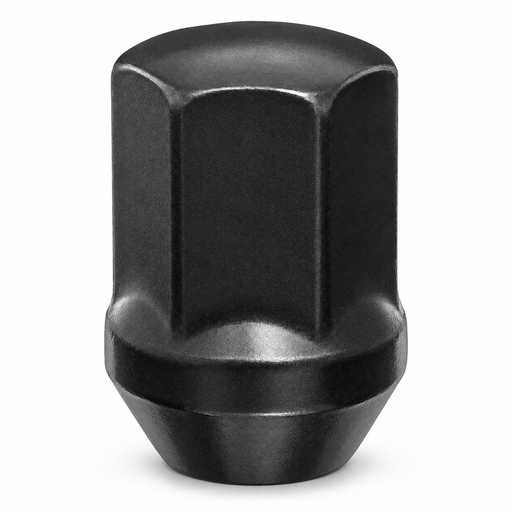 Black M14x1.5 duplex bulge acorn lug nut for Dodge Charger, with a 7/8" hex and broad shoulder.