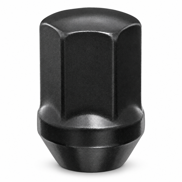 Black M14x1.5 duplex bulge acorn lug nut for Dodge Charger, with a 7/8" hex and broad shoulder.