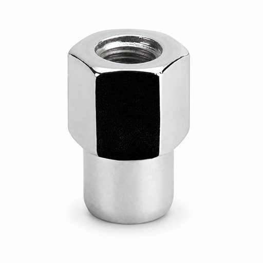 Silver 1/2-20 open-end medium mag lug nut with a hex body, threaded center and cylindrical shank.
