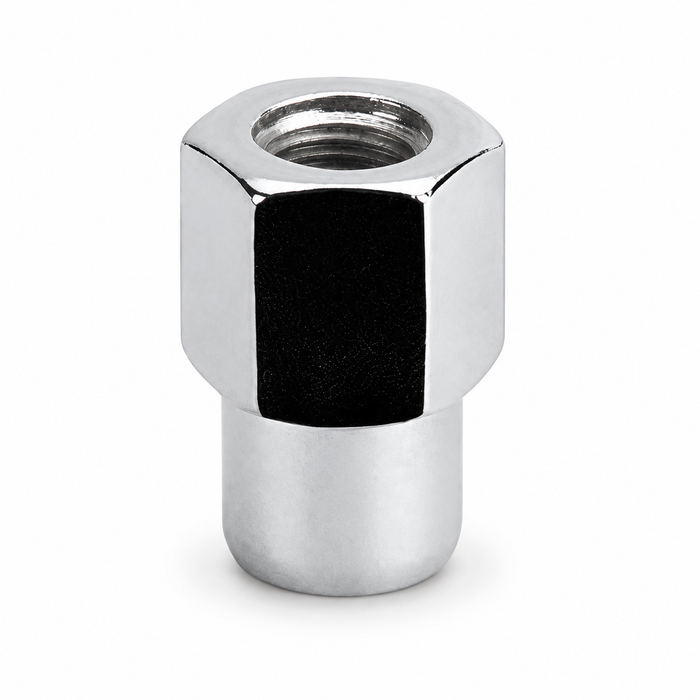 Silver 1/2-20 open-end medium mag lug nut with a hex body, threaded center and cylindrical shank.