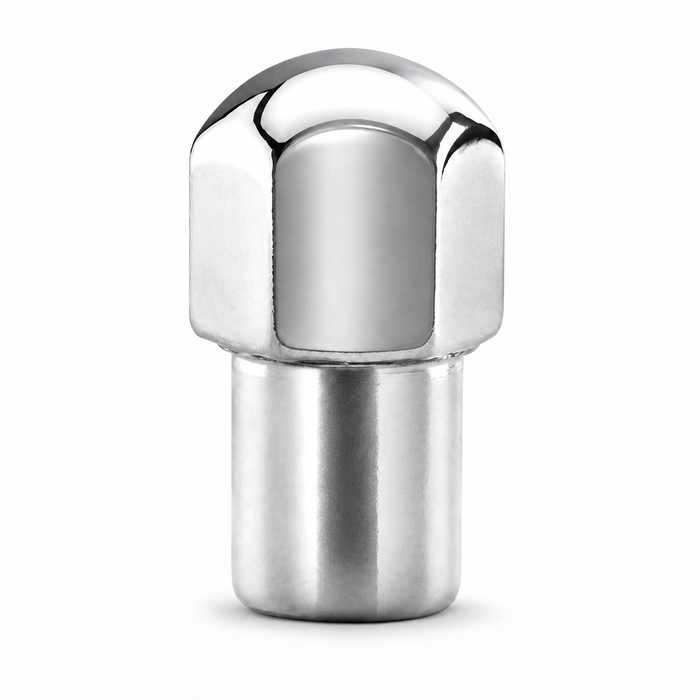 Silver M12x1.5 Cragar dome-style mag lug nut with a rounded closed cap and cylindrical shank.