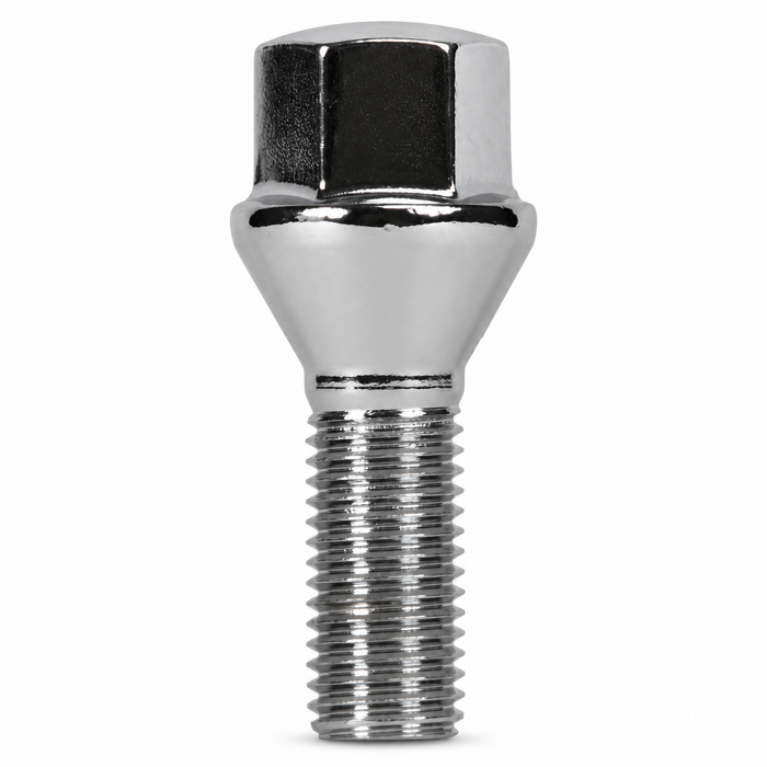 Silver M12x1.5 lug bolt with conical seat, 40 mm shank and hex head.