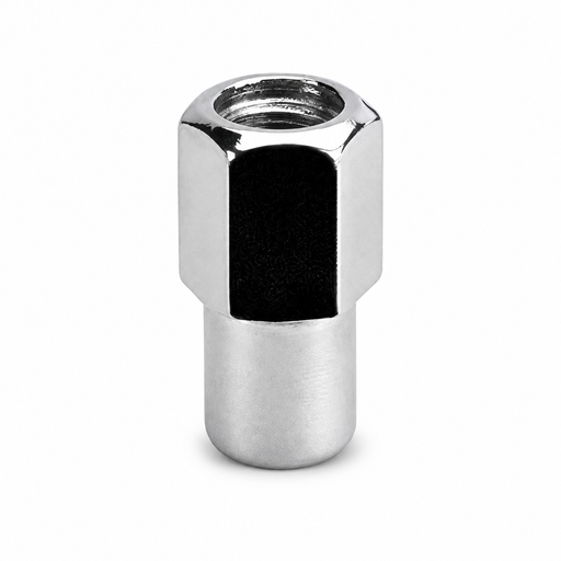 Silver M12x1.25 open-end mag lug nut with visible internal threads and a long cylindrical shank.