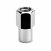 Silver M12x1.25 open-end mag lug nut with visible internal threads and a long cylindrical shank.