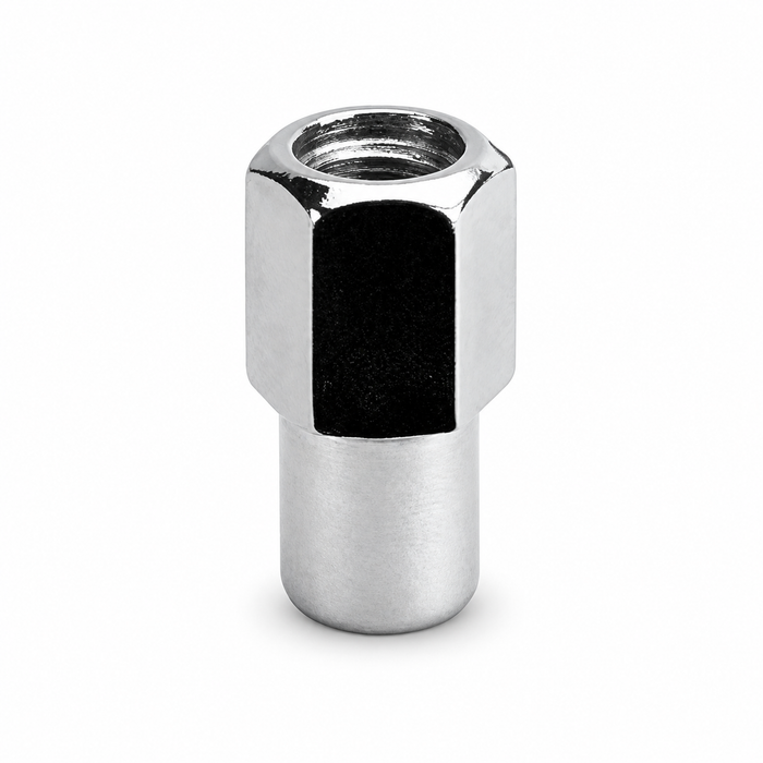 Silver M12x1.5 open-end mag lug nut with visible internal threads and a long cylindrical shank.