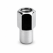 Silver M12x1.5 open-end mag lug nut with visible internal threads and a long cylindrical shank.